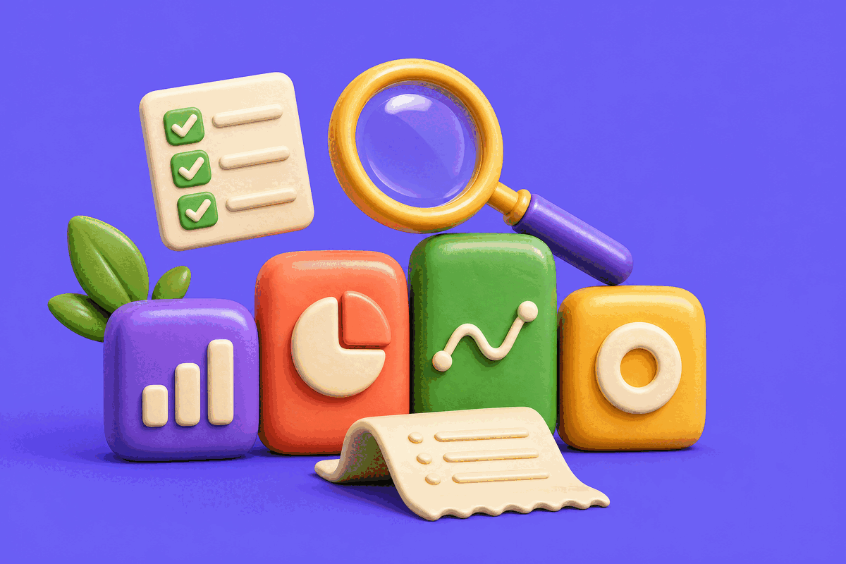 Four app tiles under a magnifying glass with a ticked checklist — comparing bill-splitting apps