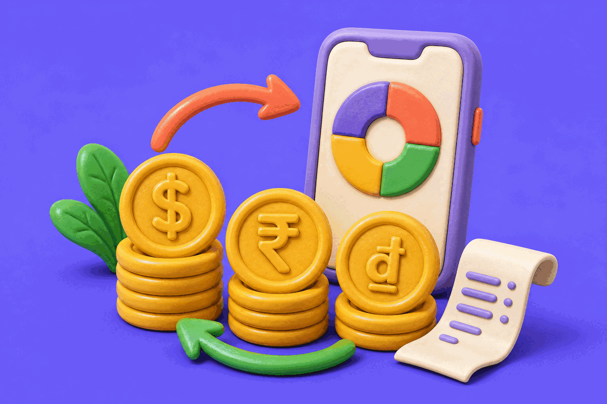 Coins in dollars, rupees and dong with exchange arrows &mdash; splitting expenses across multiple currencies