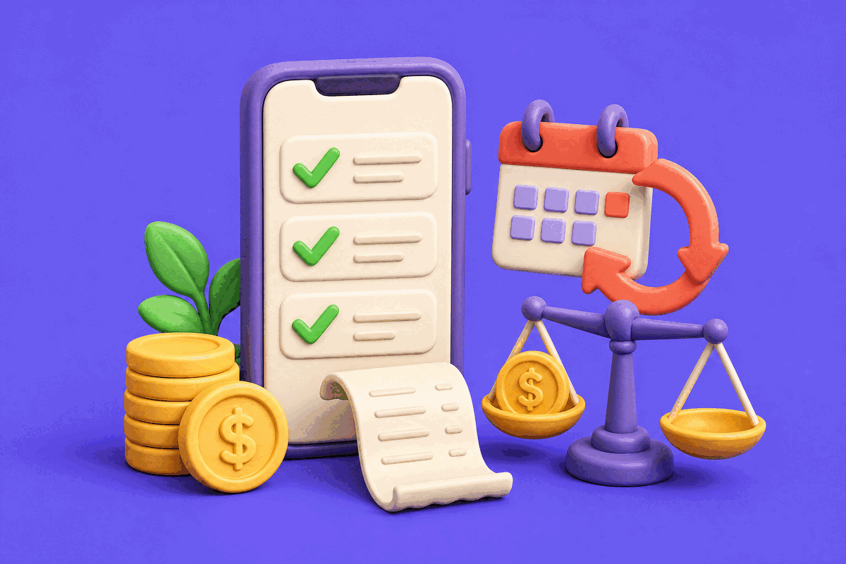 A phone with a checklist, a repeating calendar, a balance scale and coins — comparing bill-splitting app features
