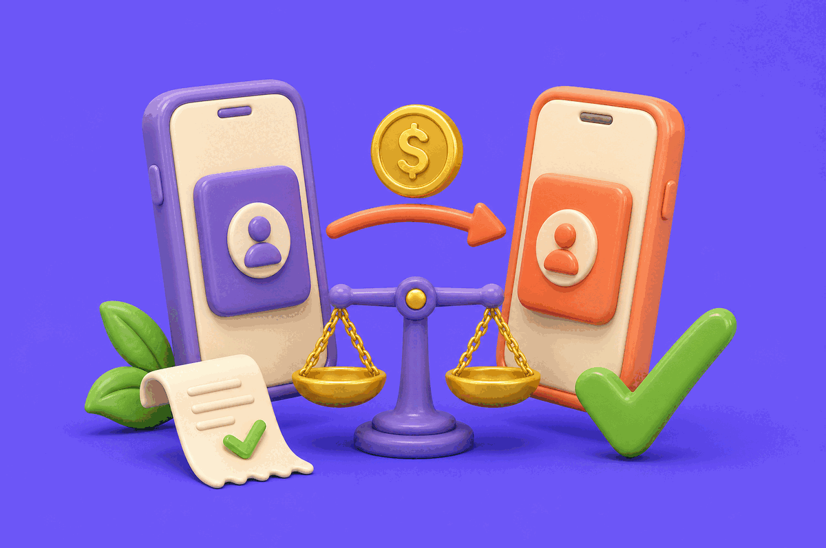 Two phones passing a coin, a level balance scale and a green tick — settling up a group balance