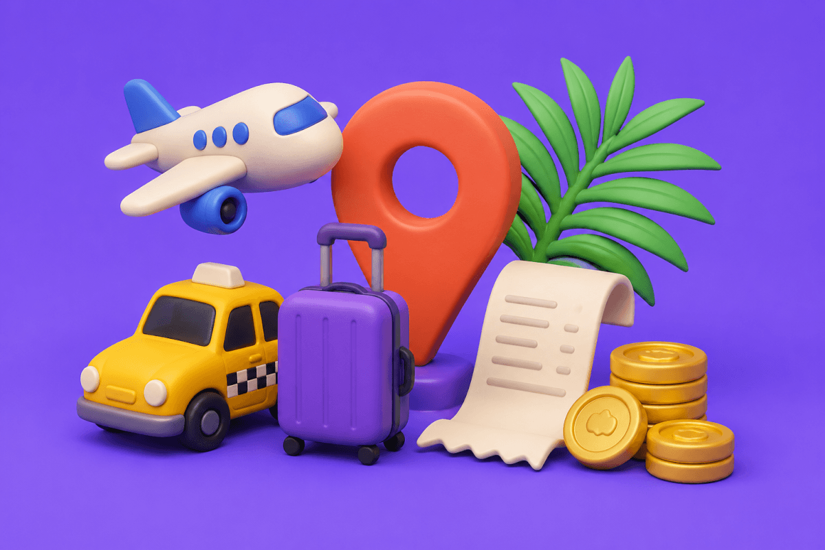 Airplane, taxi, receipt and coins — splitting group trip expenses