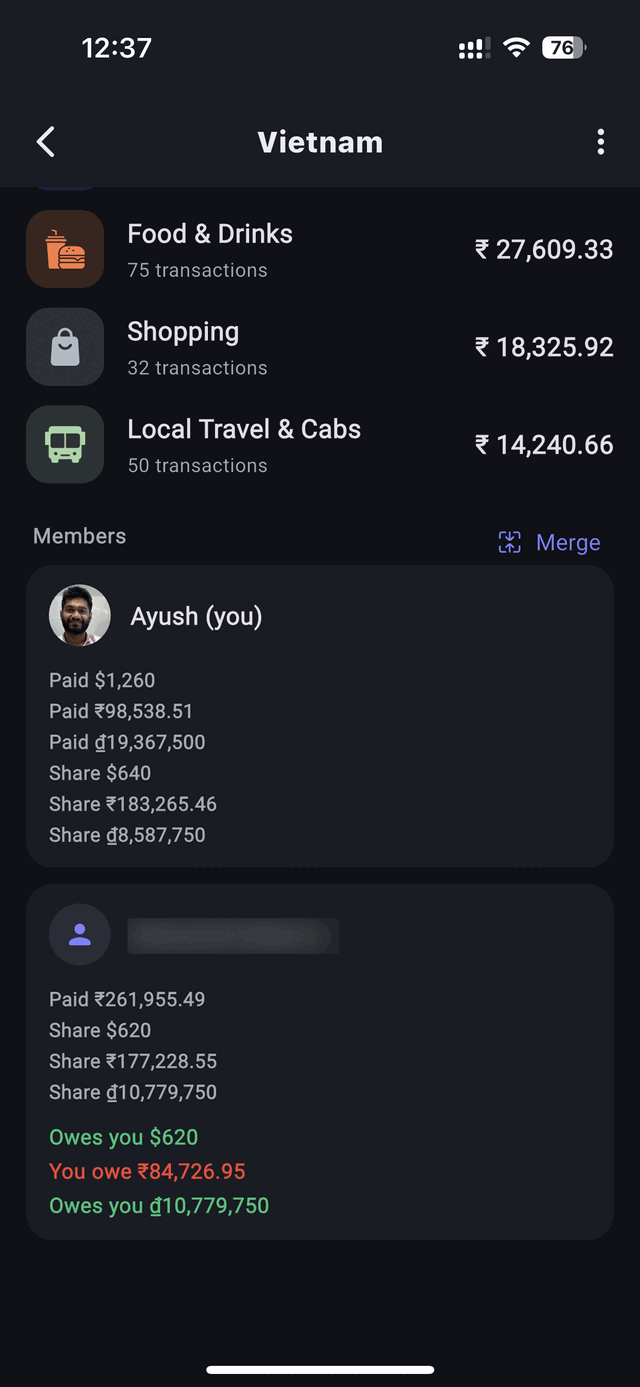 A member card listing what each person paid and their share in dollars, rupees and dong separately, with three balances