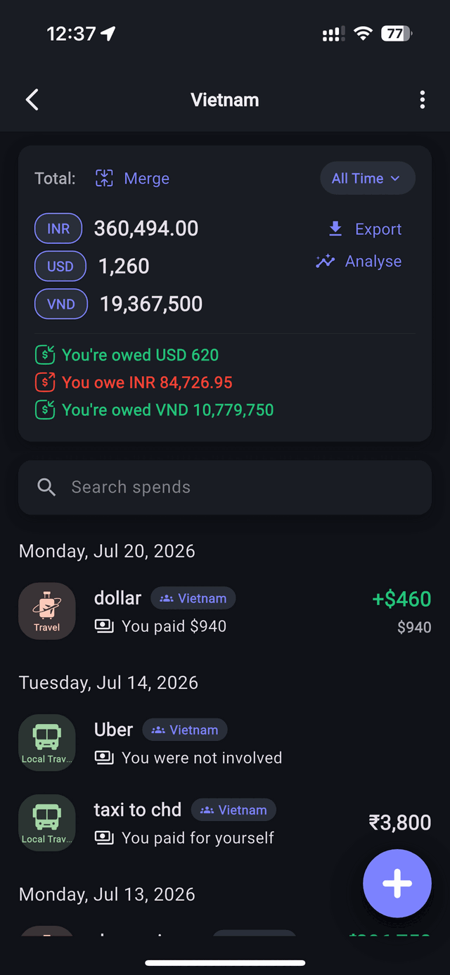 A group total shown as three separate currency totals — INR 360,494, USD 1,260 and VND 19,367,500 — with a balance line for each